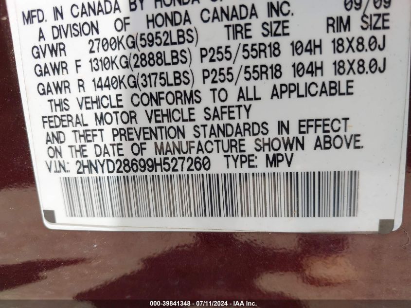 2009 Acura Mdx Technology Package VIN: 2HNYD28699H527260 Lot: 39841348