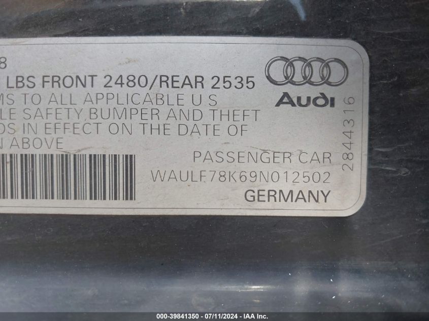 2009 Audi A4 2.0T Premium VIN: WAULF78K69N012502 Lot: 39841350