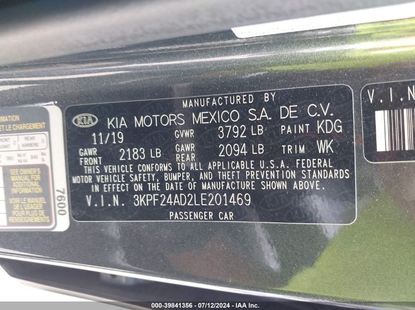 2020 Kia Forte Fe VIN: 3KPF24AD2LE201469 Lot: 39841356