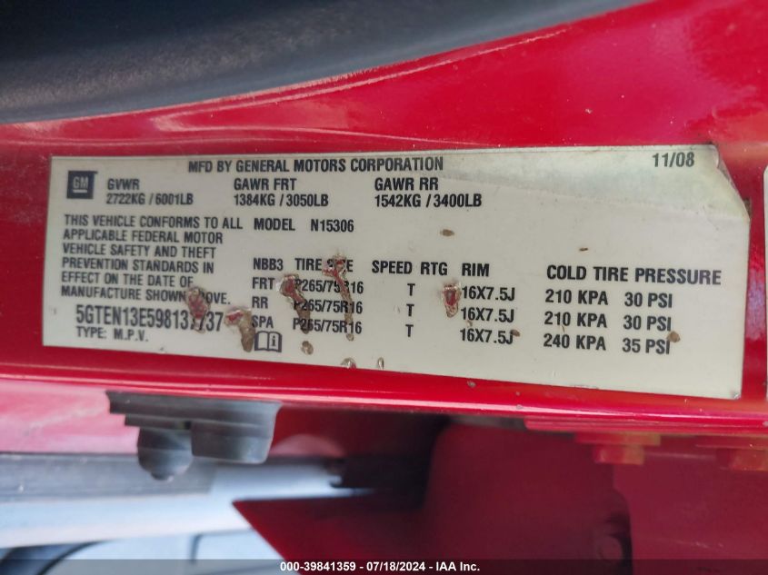 2009 Hummer H3 Suv VIN: 5GTEN13E598137737 Lot: 39841359