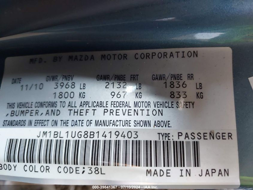 2011 Mazda Mazda3 I Sport VIN: JM1BL1UG8B1419403 Lot: 39841367