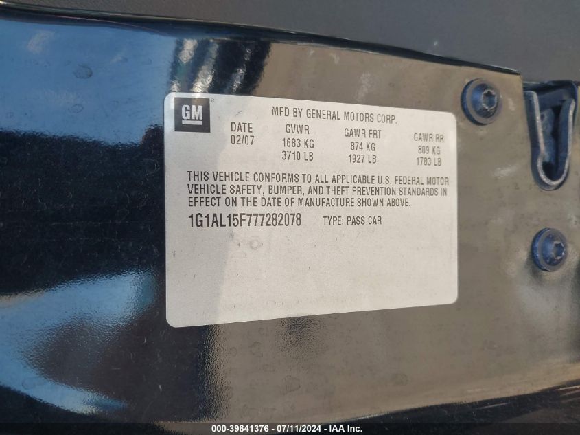 2007 Chevrolet Cobalt Lt VIN: 1G1AL15F777282078 Lot: 39841376