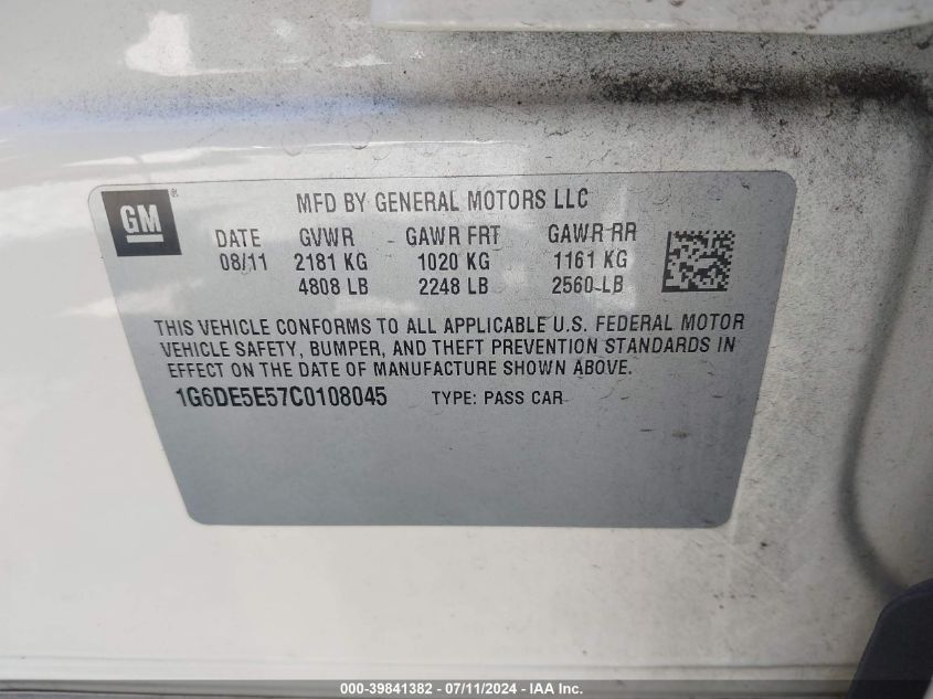 2012 Cadillac Cts Luxury VIN: 1G6DE5E57C0108045 Lot: 39841382