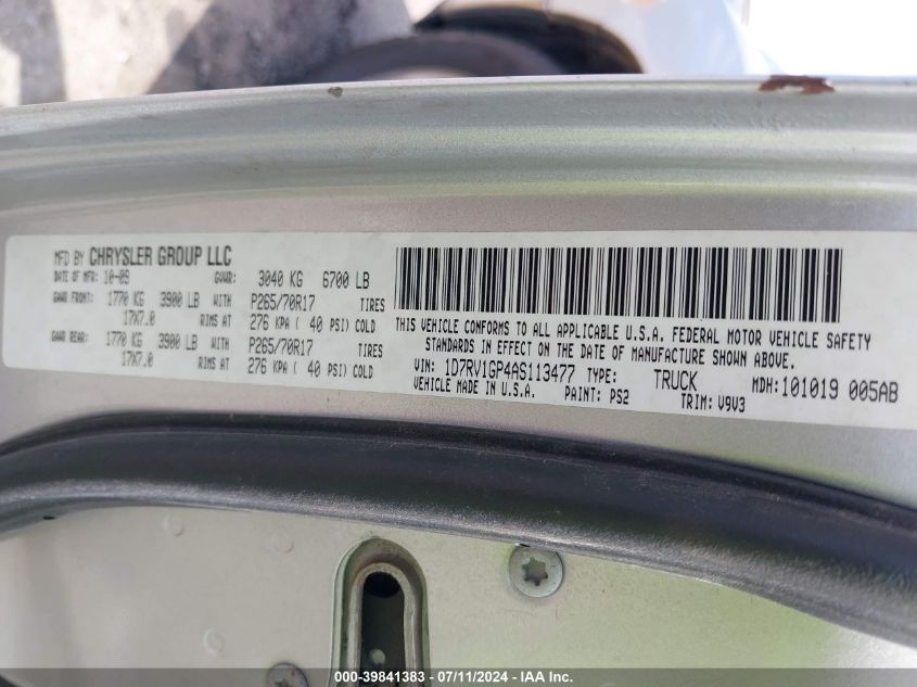 2010 Dodge Ram 1500 Slt/Sport/Trx VIN: 1D7RV1GP4AS113477 Lot: 39841383