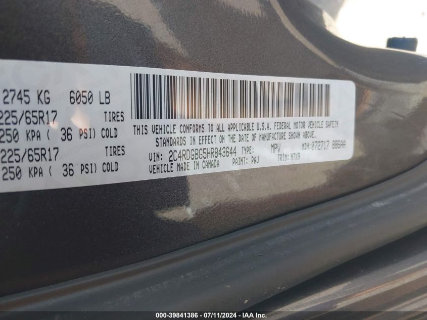 2017 Dodge Grand Caravan Se Plus VIN: 2C4RDGBG5HR843644 Lot: 39841386