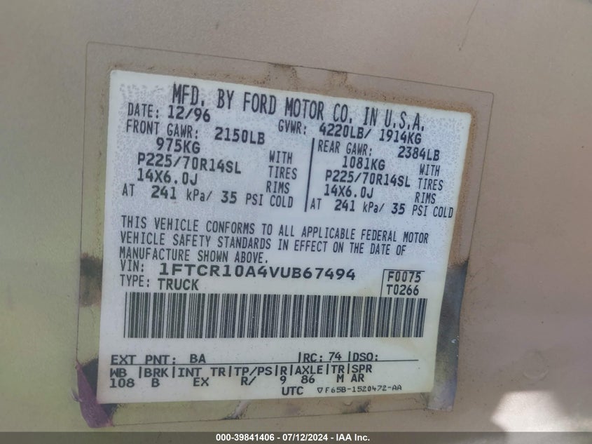 1997 Ford Ranger Splash/Xl/Xlt VIN: 1FTCR10A4VUB67494 Lot: 39841406