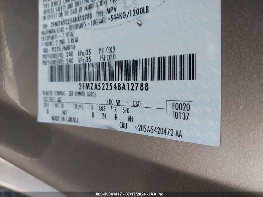 2004 Ford Freestar Sel VIN: 2FMZA52254BA12788 Lot: 39841417