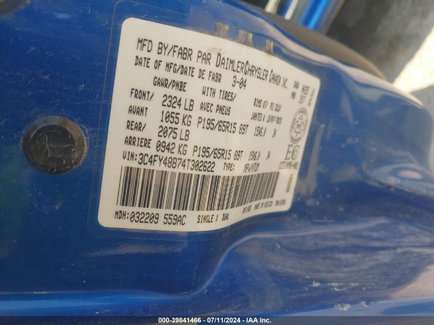 2004 Chrysler Pt Cruiser Classic Edition VIN: 3C4FY48B74T302622 Lot: 39841466