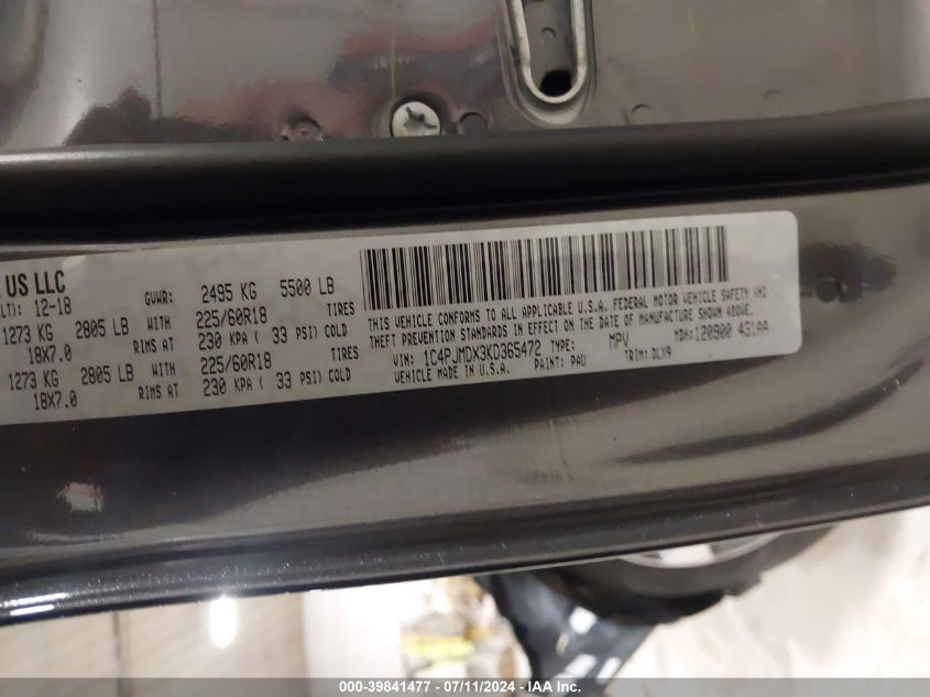 2019 Jeep Cherokee Limited 4X4 VIN: 1C4PJMDX3KD365472 Lot: 39841477