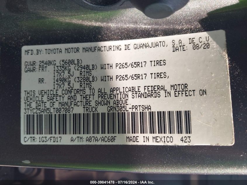 2020 Toyota Tacoma Double Cab/Sr/Sr5/Trd Sport/Trd Off Road/Trd Pro VIN: 3TYCZ5AN5LT007087 Lot: 39841478