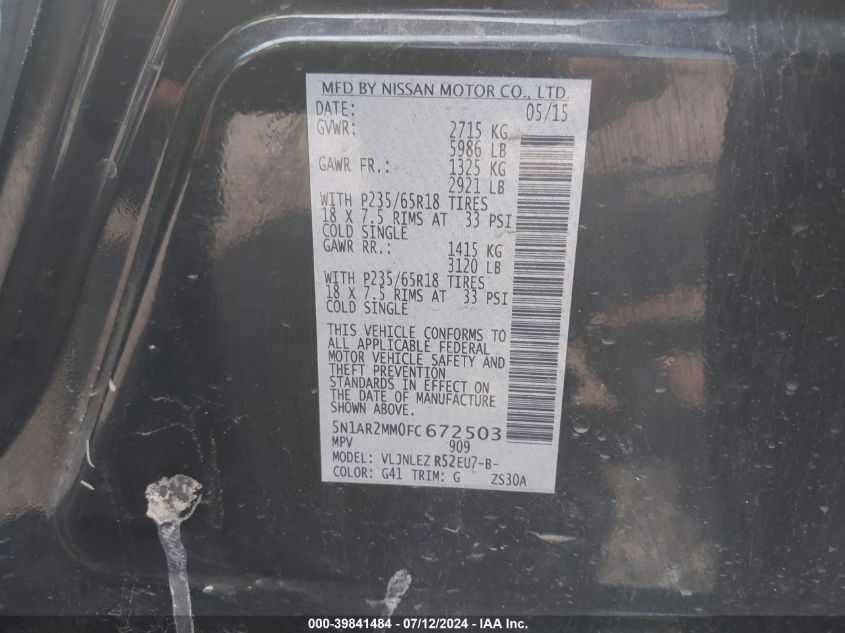 2015 Nissan Pathfinder S/Sv/Sl/Platinum VIN: 5N1AR2MM0FC672503 Lot: 39841484