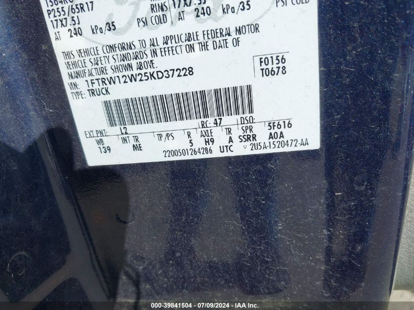 2005 Ford F-150 Xlt VIN: 1FTRW12W25KD37228 Lot: 39841504