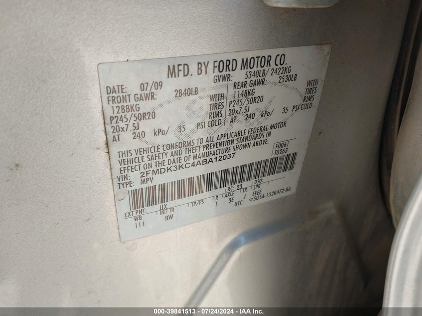 2010 Ford Edge Limited VIN: 2FMDK3KC4ABA12037 Lot: 39841513