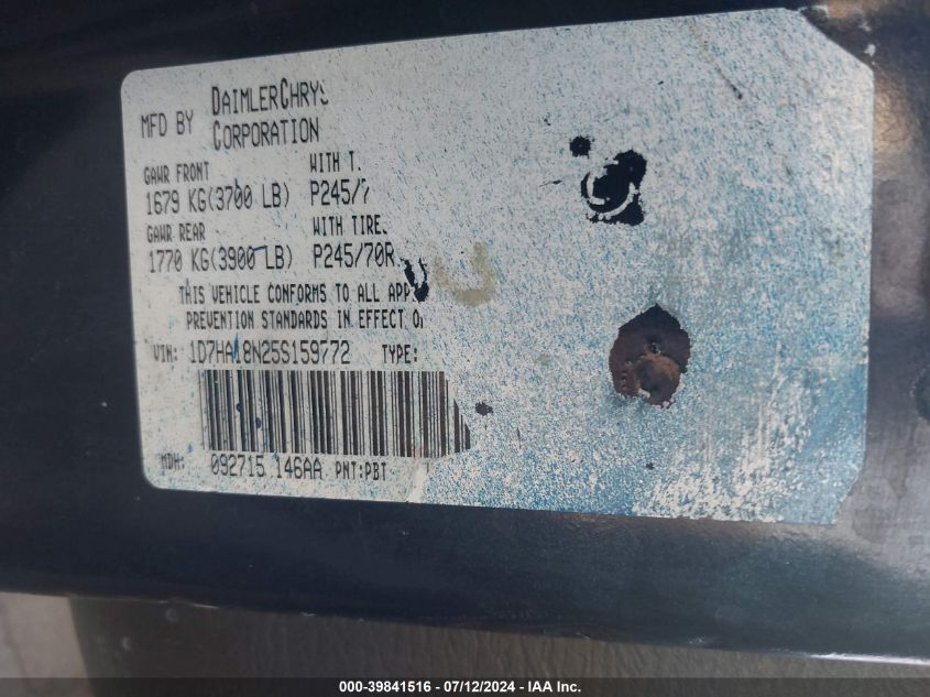 2005 Dodge Ram 1500 Slt/Laramie VIN: 1D7HA18N25S159772 Lot: 39841516