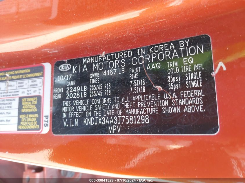 2018 Kia Soul ! VIN: KNDJX3AA3J7581298 Lot: 39841529