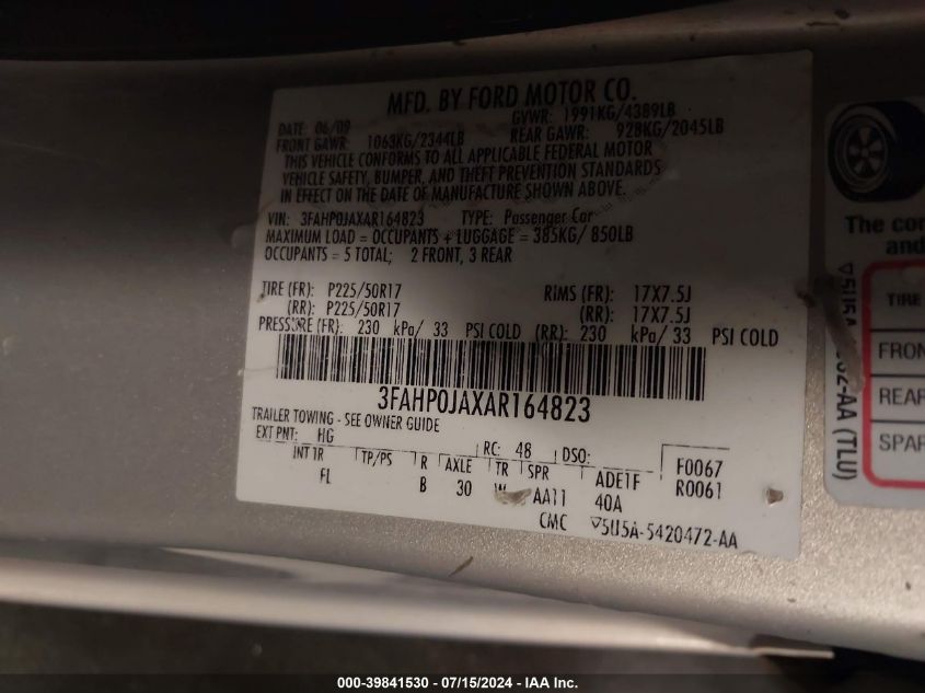 2010 Ford Fusion Sel VIN: 3FAHP0JAXAR164823 Lot: 39841530