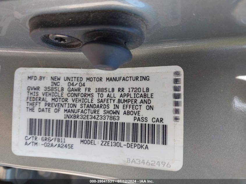 2004 Toyota Corolla Ce VIN: 1NXBR32E34Z337863 Lot: 39841531