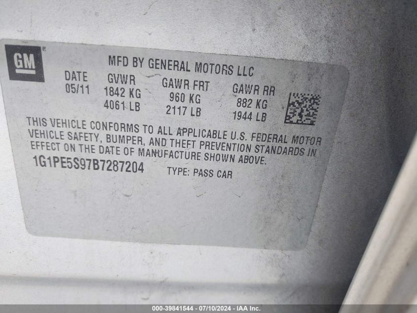 2011 Chevrolet Cruze Lt VIN: 1G1PE5S97B7287204 Lot: 39841544