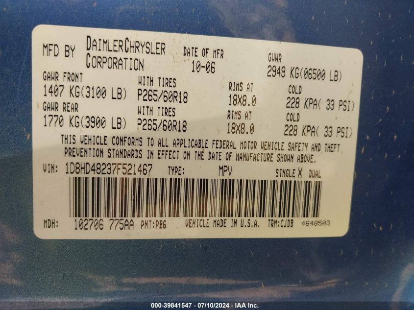 2007 Dodge Durango Slt VIN: 1D8HD48237F521467 Lot: 39841547