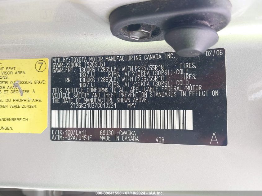 2007 Lexus Rx 350 VIN: 2T2GK31U37C013221 Lot: 39841555