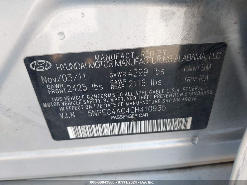 2012 Hyundai Sonata Se VIN: 5NPEC4AC4CH410935 Lot: 39841560