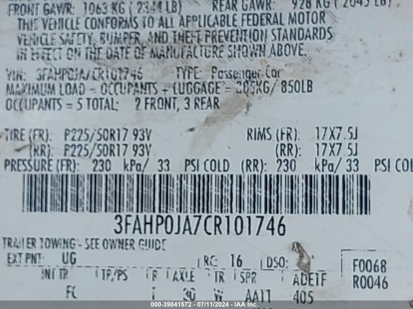 2012 Ford Fusion Sel VIN: 3FAHP0JA7CR101746 Lot: 39841572