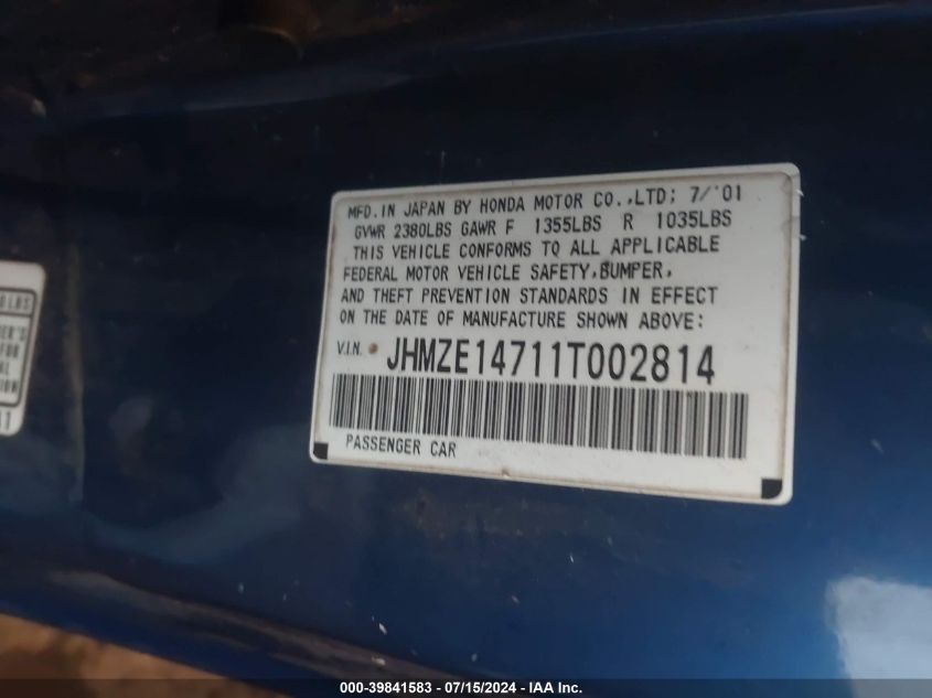 JHMZE14711T002814 2001 Honda Insight Cvt