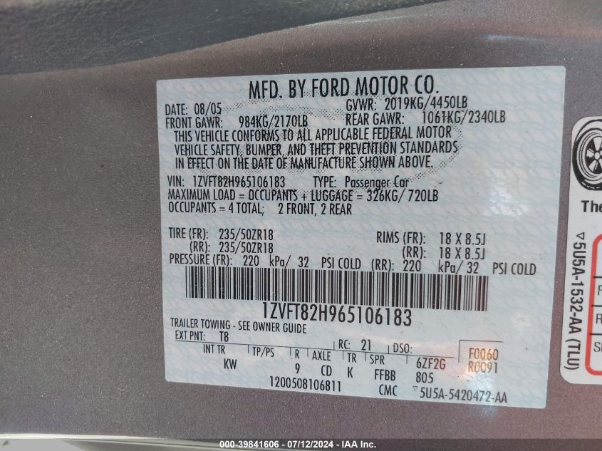 2006 Ford Mustang Gt VIN: 1ZVFT82H965106183 Lot: 39841606