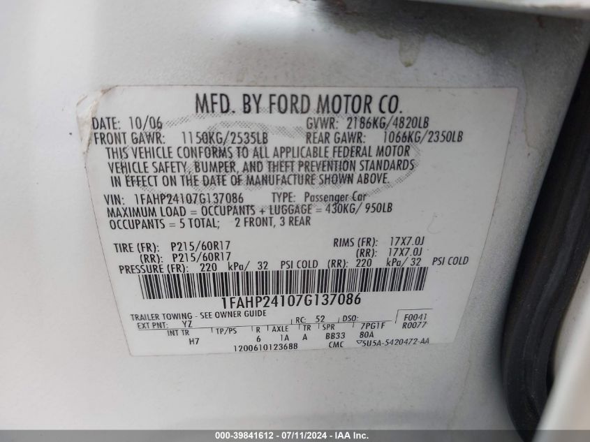 2007 Ford Five Hundred Sel VIN: 1FAHP24107G137086 Lot: 39841612