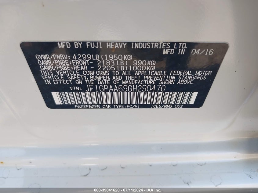 2016 Subaru Impreza 2.0I VIN: JF1GPAA69GH290470 Lot: 39841620