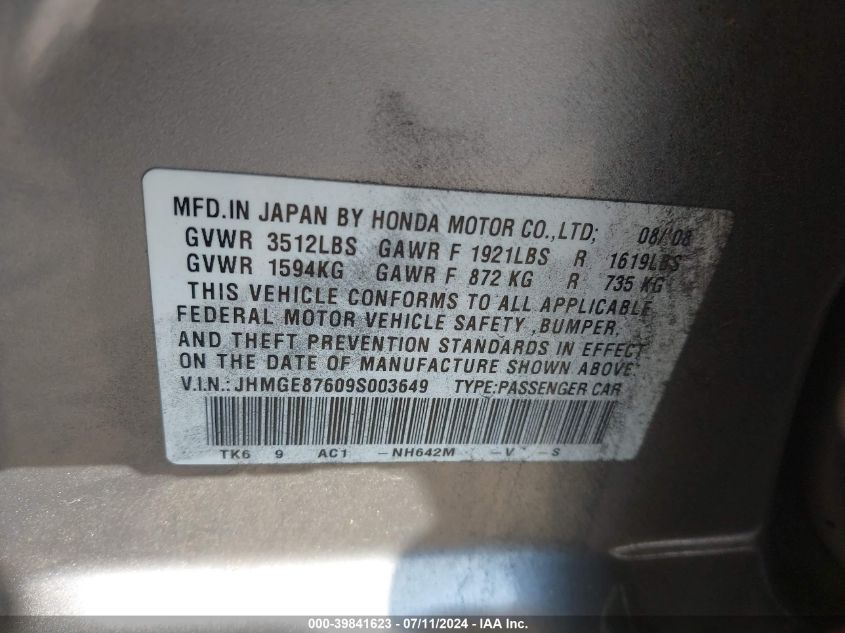 2009 Honda Fit Sport VIN: JHMGE87609S003649 Lot: 39841623