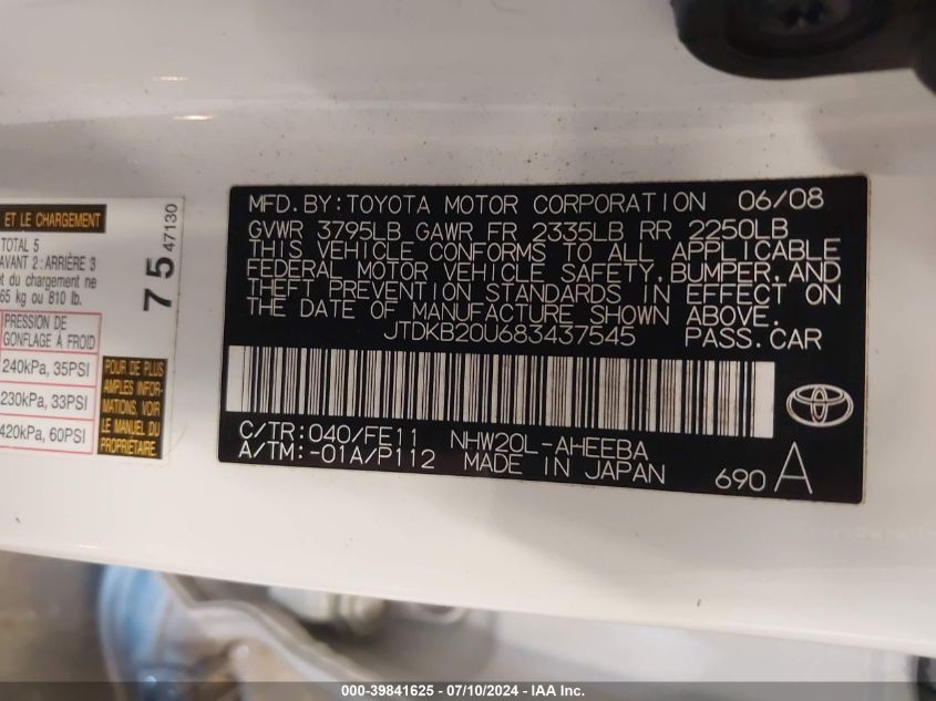 2008 Toyota Prius VIN: JTDKB20U683437545 Lot: 39841625