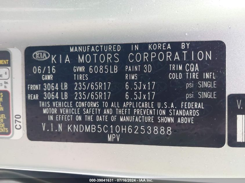 2017 Kia Sedona Lx VIN: KNDMB5C10H6253888 Lot: 39841631