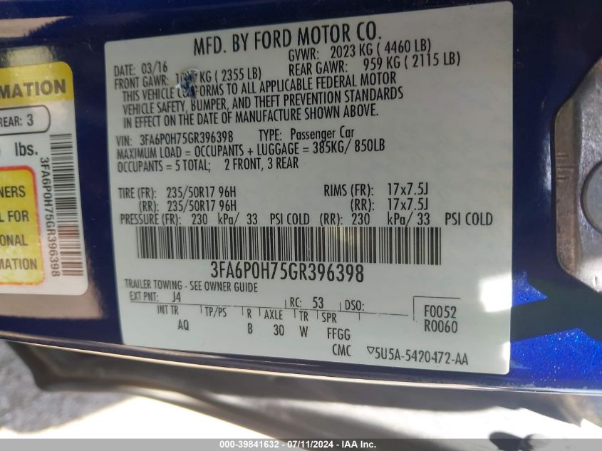 2016 FORD FUSION SE - 3FA6P0H75GR396398