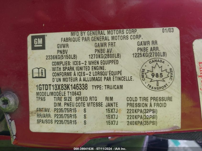 2003 GMC Sonoma Sls VIN: 1GTDT13X83K146338 Lot: 39841636