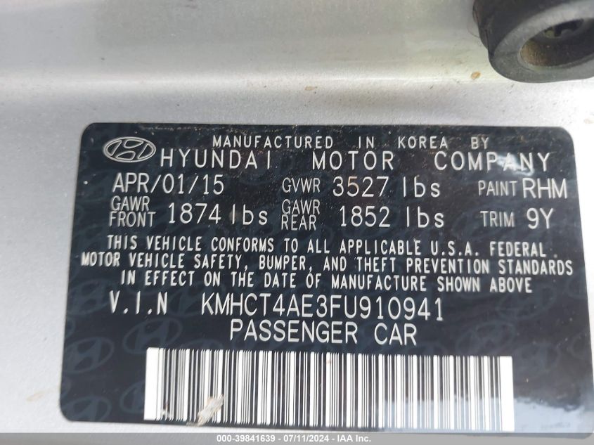 2015 Hyundai Accent Gls VIN: KMHCT4AE3FU910941 Lot: 39841639
