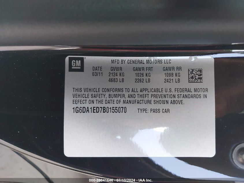 2011 Cadillac Cts Standard VIN: 1G6DA1ED7B0155070 Lot: 39841646