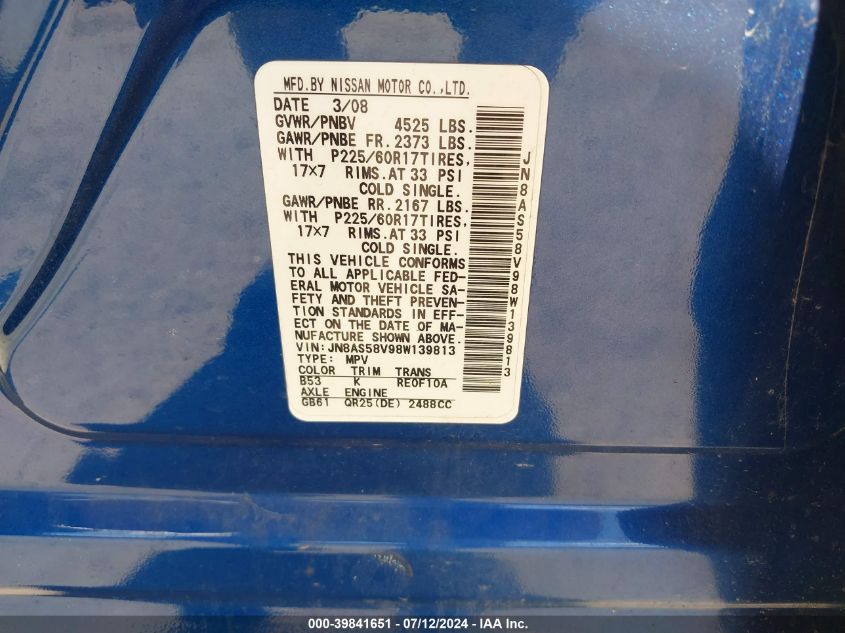 2008 Nissan Rogue Sl VIN: JN8AS58V98W139813 Lot: 39841651
