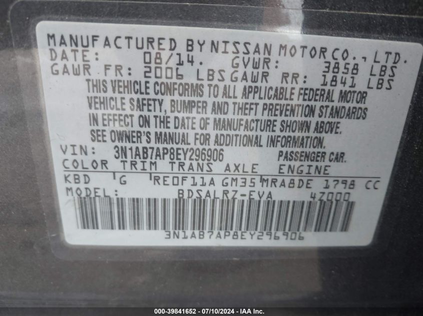 2014 Nissan Sentra Sr VIN: 3N1AB7AP8EY296906 Lot: 39841652