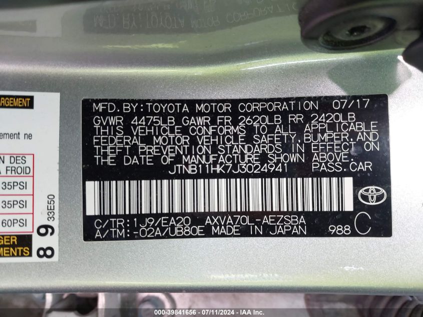 2018 Toyota Camry Se VIN: JTNB11HK7J3024941 Lot: 39841656