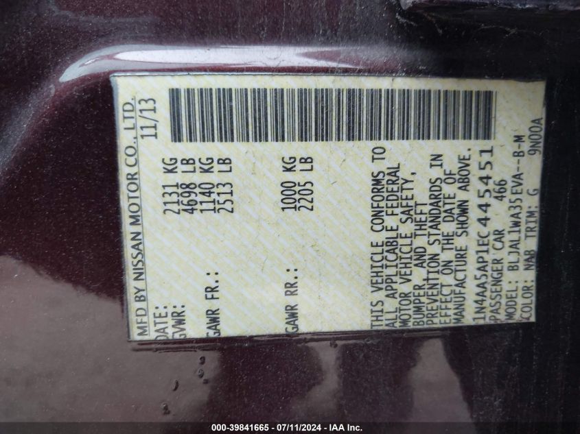 2014 Nissan Maxima 3.5 Sv VIN: 1N4AA5AP1EC445451 Lot: 39841665