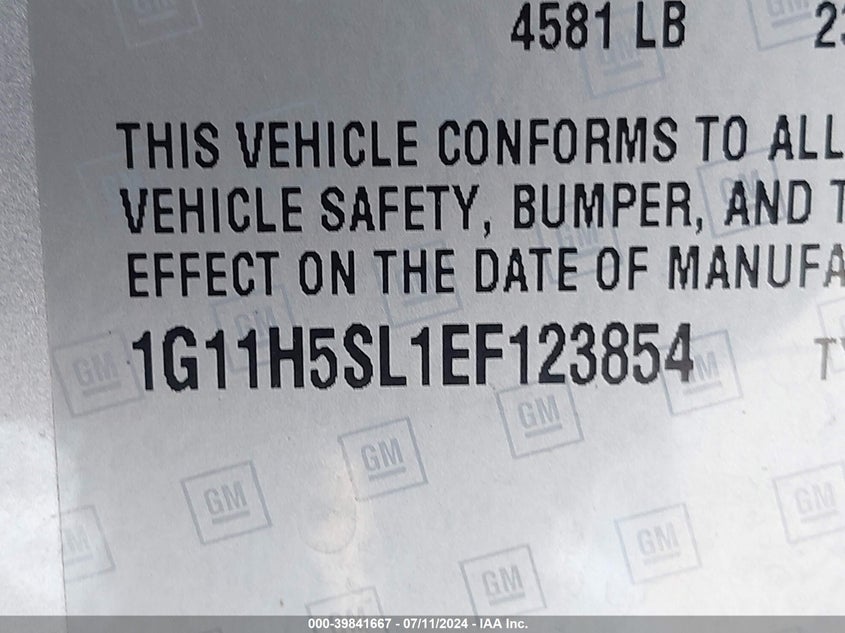 2014 Chevrolet Malibu 1Lz VIN: 1G11H5SL1EF123854 Lot: 39841667