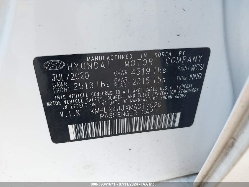 2021 Hyundai Sonata Blue VIN: KMHL24JJXMA017020 Lot: 39841671