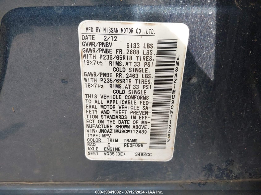 2012 Nissan Murano S VIN: JN8AZ1MU9CW112489 Lot: 39841692