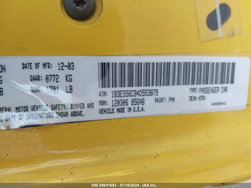 2004 Dodge Neon Sxt VIN: 1B3ES56C84D553879 Lot: 39841693