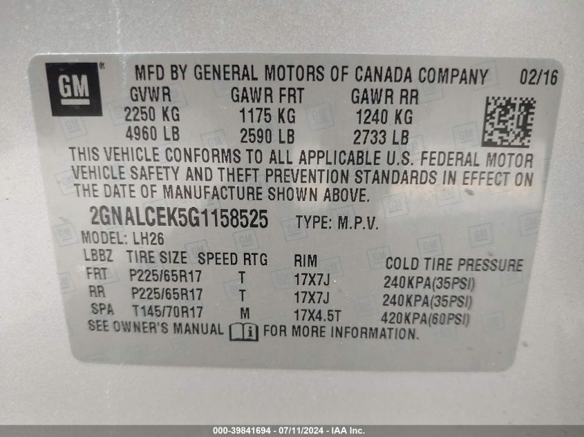 2016 Chevrolet Equinox Lt VIN: 2GNALCEK5G1158525 Lot: 39841694