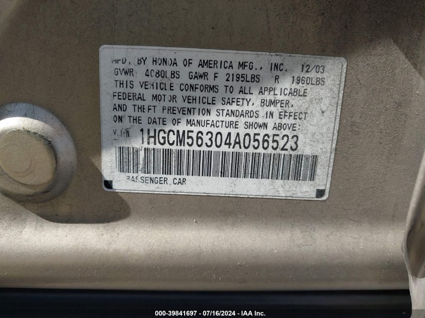 2004 Honda Accord 2.4 Lx VIN: 1HGCM56304A056523 Lot: 39841697