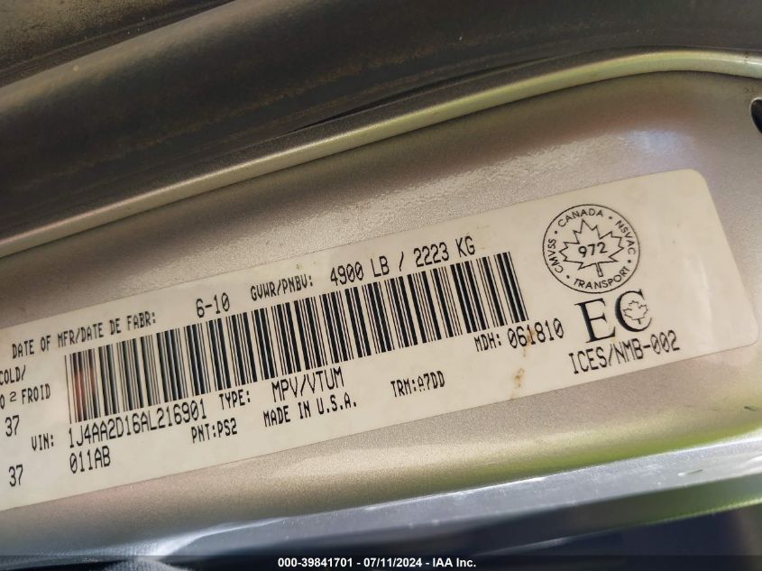 2010 Jeep Wrangler Sport VIN: 1J4AA2D16AL216901 Lot: 39841701