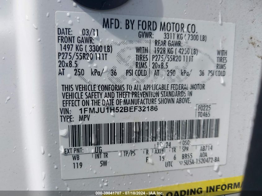 2011 Ford Expedition King Ranch VIN: 1FMJU1H52BEF32186 Lot: 39841707