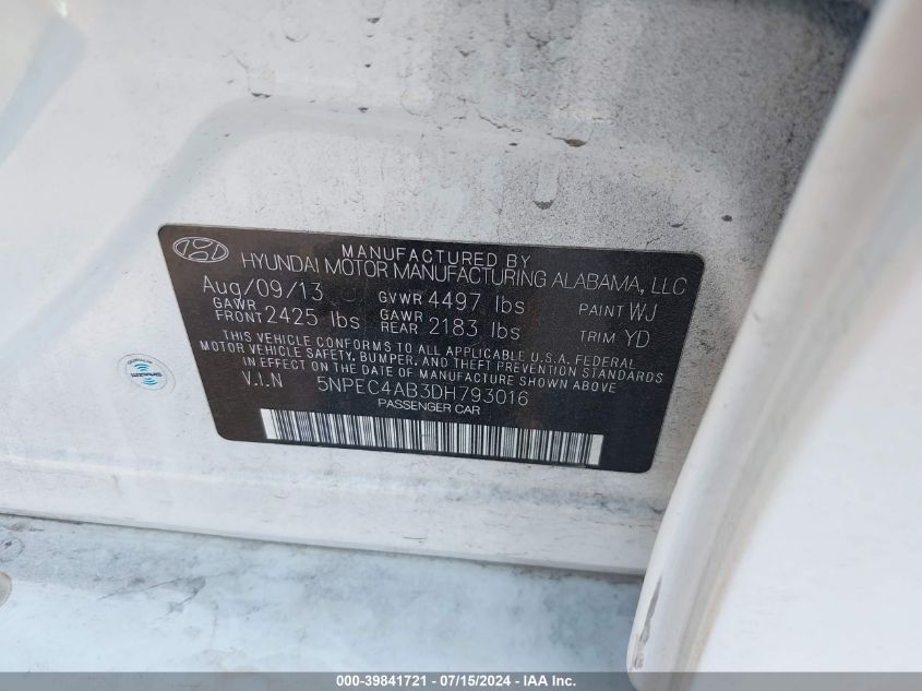 2013 Hyundai Sonata Limited 2.0T VIN: 5NPEC4AB3DH793016 Lot: 39841721
